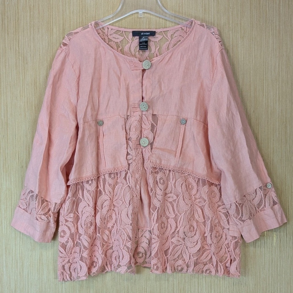 Ali Miles Boho Resort Linen Floral Lace Trim Button Front Jacket Size XL Pink